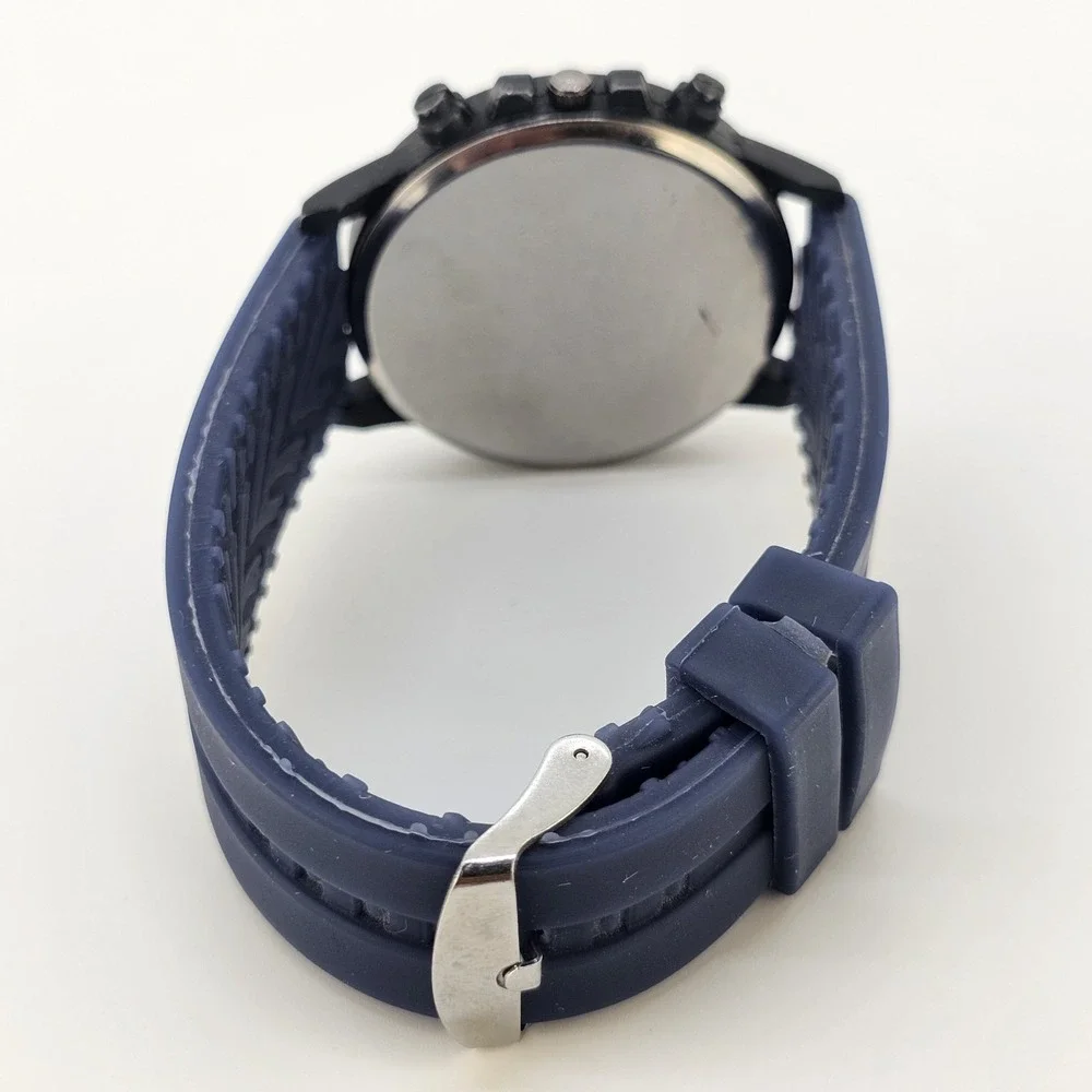 Men's Analog Watch 40MM Blue Dial Black Case Blue Plastic Bands New Battery